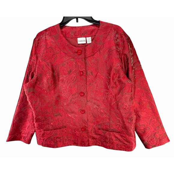 Chico's Jackets & Blazers - Chicos Textured Jacket Womens XL 3 Red Floral Paisley Button Up Romantic Holiday